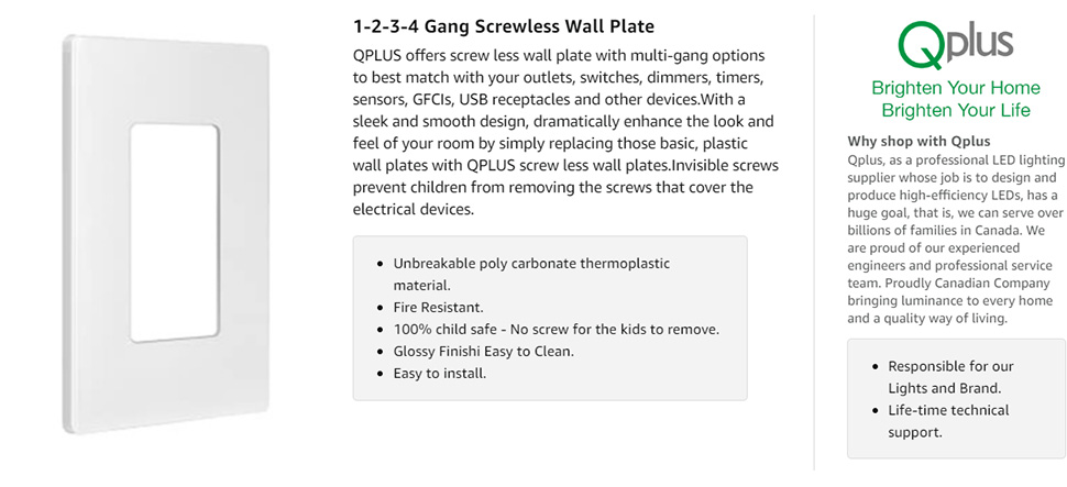 QPlus 1-Gang Screwless Wall Plate, Standard Outlet Cover(图2)
